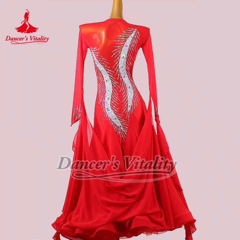 볼룸 댄스 하이 엔드 사용자 정의 빨간색 긴 소매 성인 왈츠 퀵 스텝 탱고 대회 복장을위한 우아한 빅 스윙 드레스