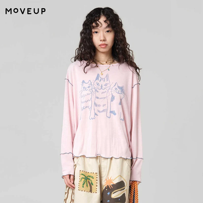 MOVEUP Loose Long Sleeves Round Neck T-Shirt 2026 Summer New Cartoon Cat Print Color Contrast Casual Top For Women 3ELX10578