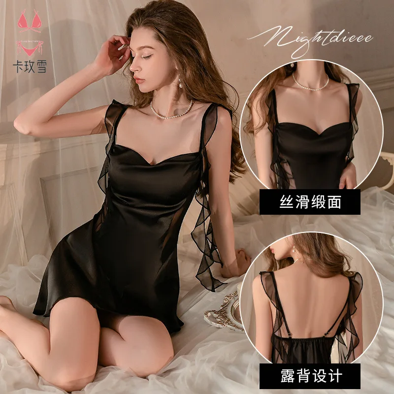 New halter suspenders satin gauze ribbon home clothes ladies low-cut sling nightgown