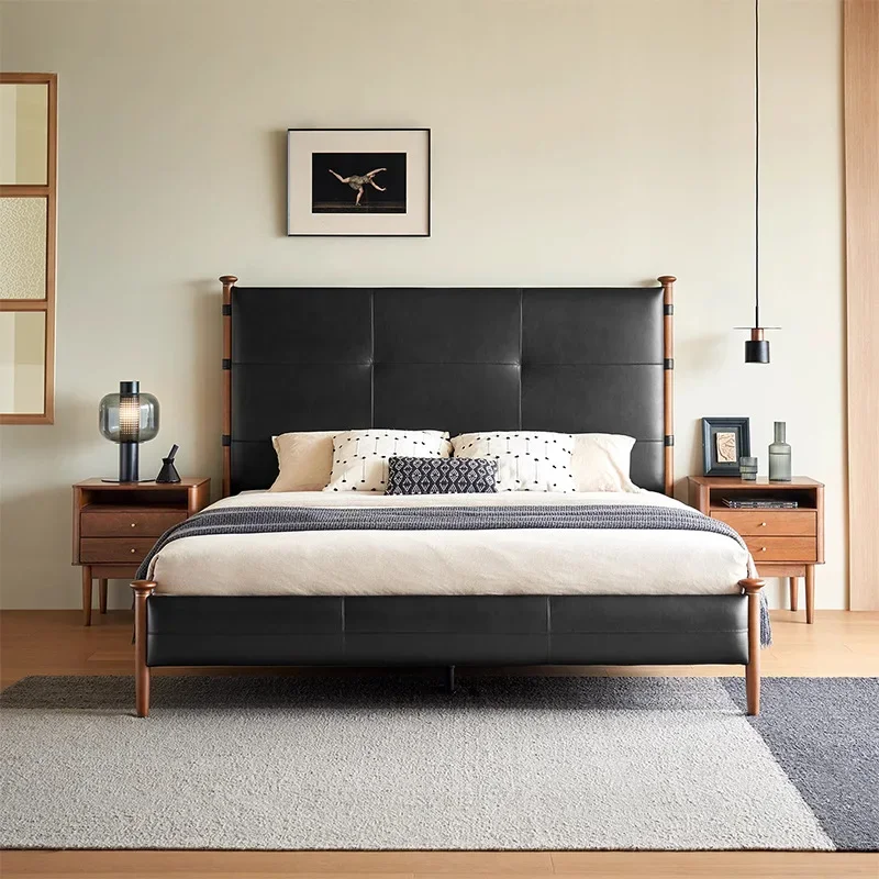 Medieval leather sycamore bed French retro black master bedroom first layer cowhide Italian minimalist solid wood
