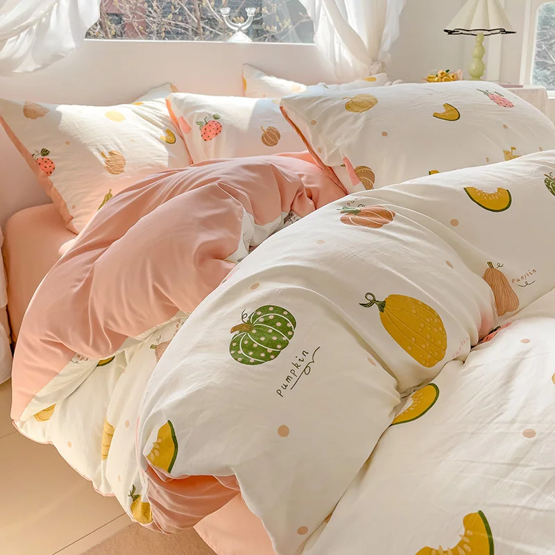 Kawaii الفاكهة اليقطين غطاء لحاف الملكة لعيد الشكر الكرتون طقم سرير-1 غطاء لحاف + 1 ورقة جاهزة + 2 كيس وسادة
