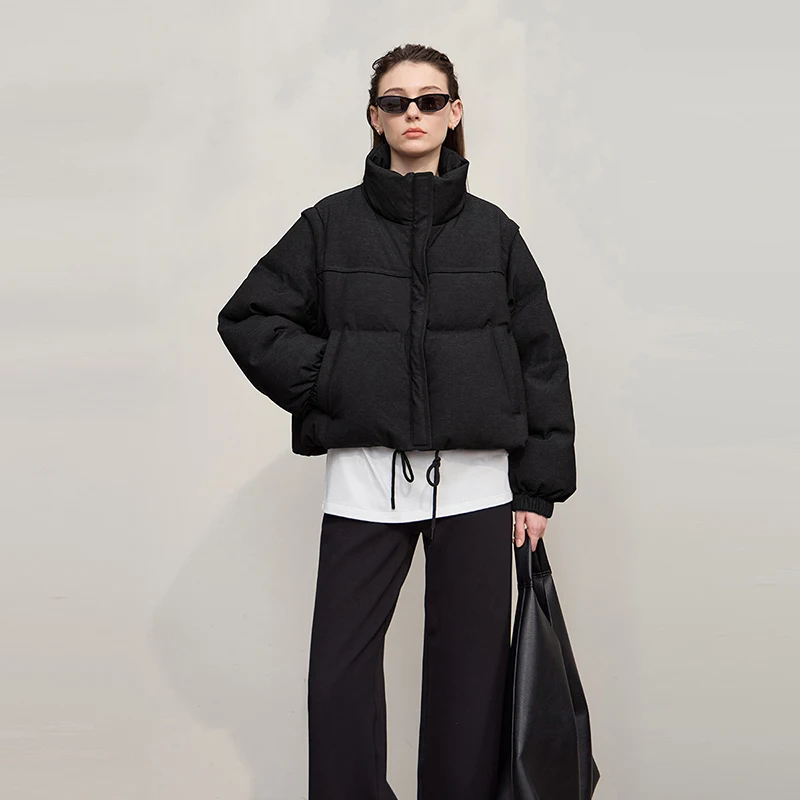 Kurtka puchowa damska Amii, nowość na zimę 2025, ciepła, zapinana na zamek, z odpinanymi rękawami, luźna, uniwersalna, krótka kurtka puchowa, odzież damska 12544073