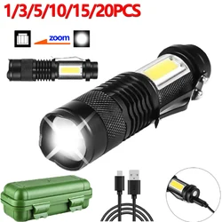 1-20PCS Mini Portable Led Flashlight Built In Battery Torch COB Variable Focus Waterproof Tactical Flashlight Bulb Light