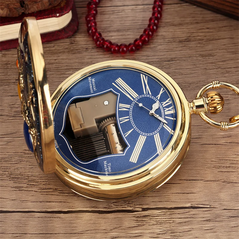 Steampunk-Stil Weltraum-Astronaut Musikalische Quarz-Taschenuhr mit Melodie aus dem Film „Castle in the Sky“, neuartige Zeitmesser mit Anhängerkette – Detail 5
