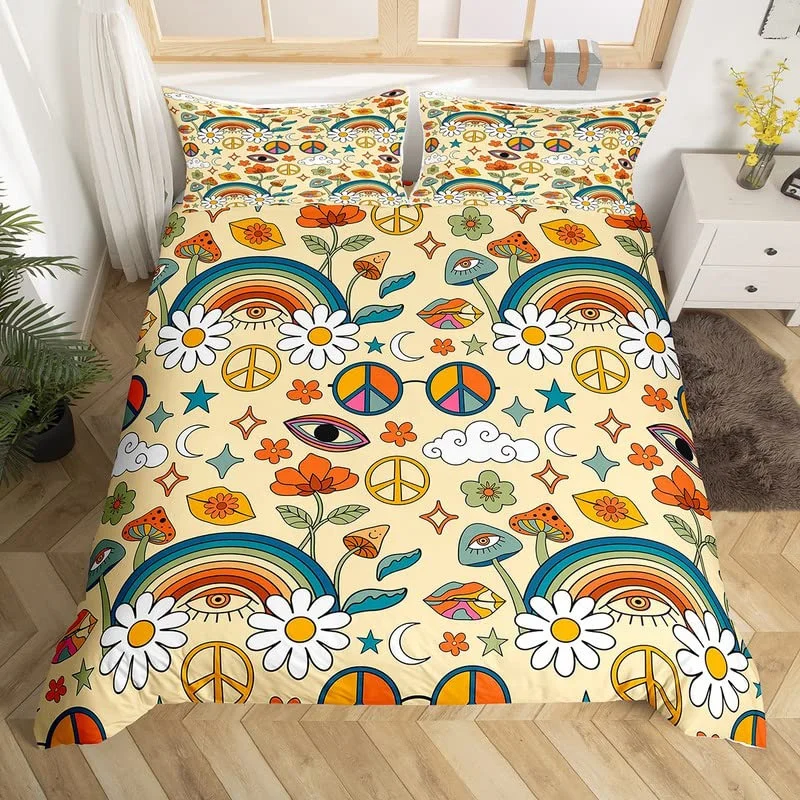 

Retro 70s Hippie Style Duvet Cover Queen Microfiber Psychedelic Mushroom Bedding Set Room Decor Gifts Rainbow Floral Quilt Cover