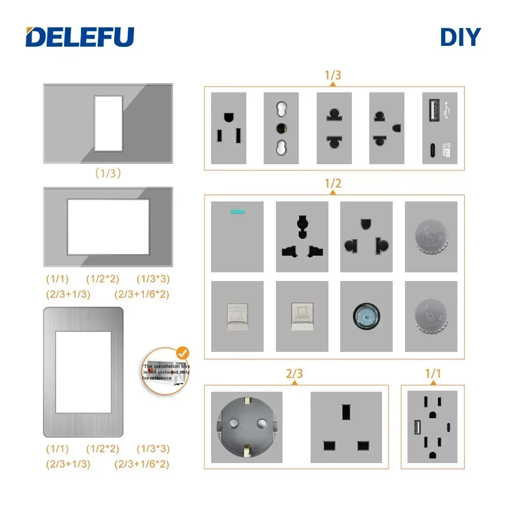 DELEFU English, Multi-functional Free Combination Computer USB Type C Wall Socket DIY Grey