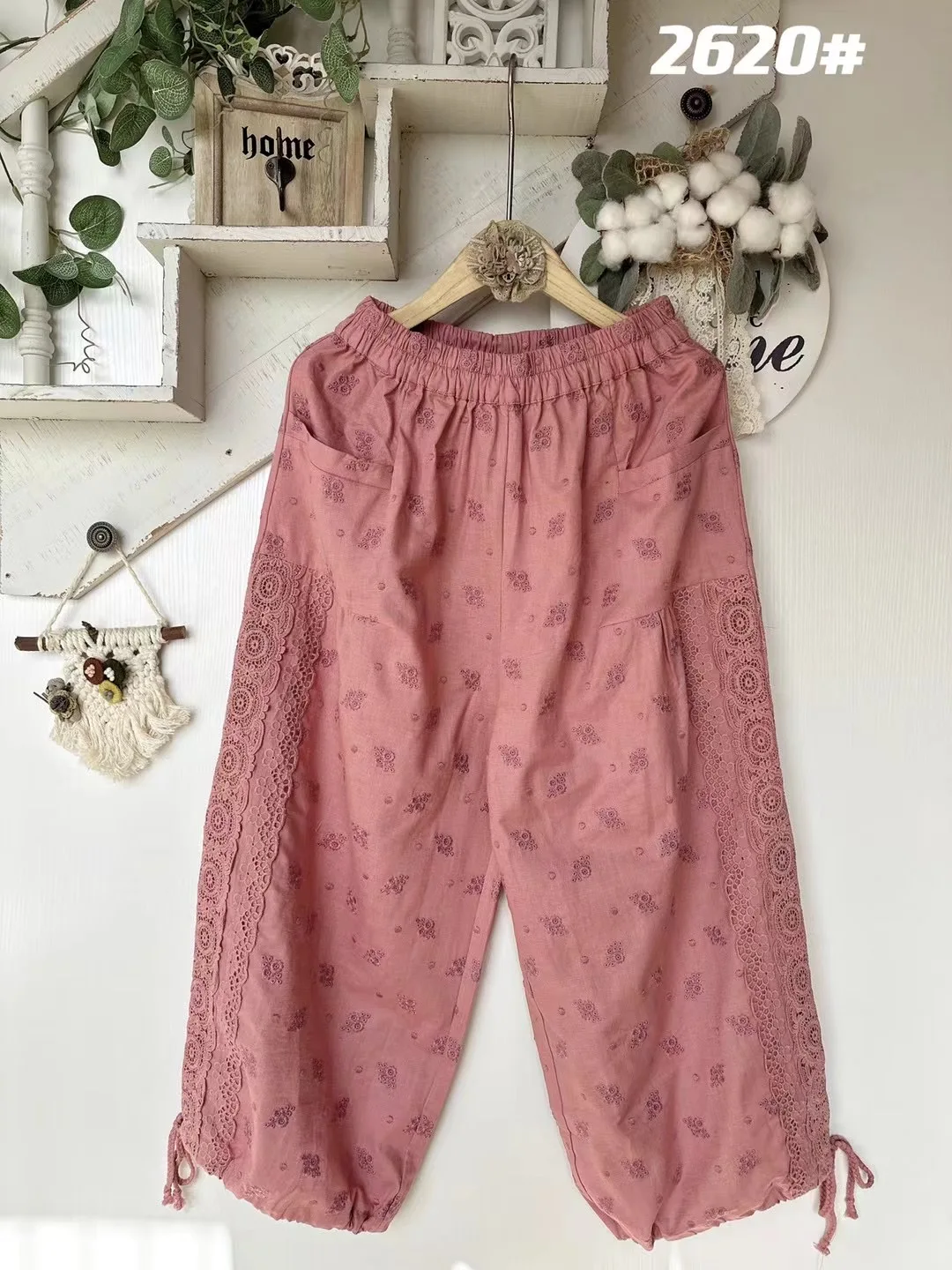 Frühling Sommer Schwer Bestickte Spitze Patchwork Lose Leinen Freizeithose Koreanischer Stil Damen Premium Mode