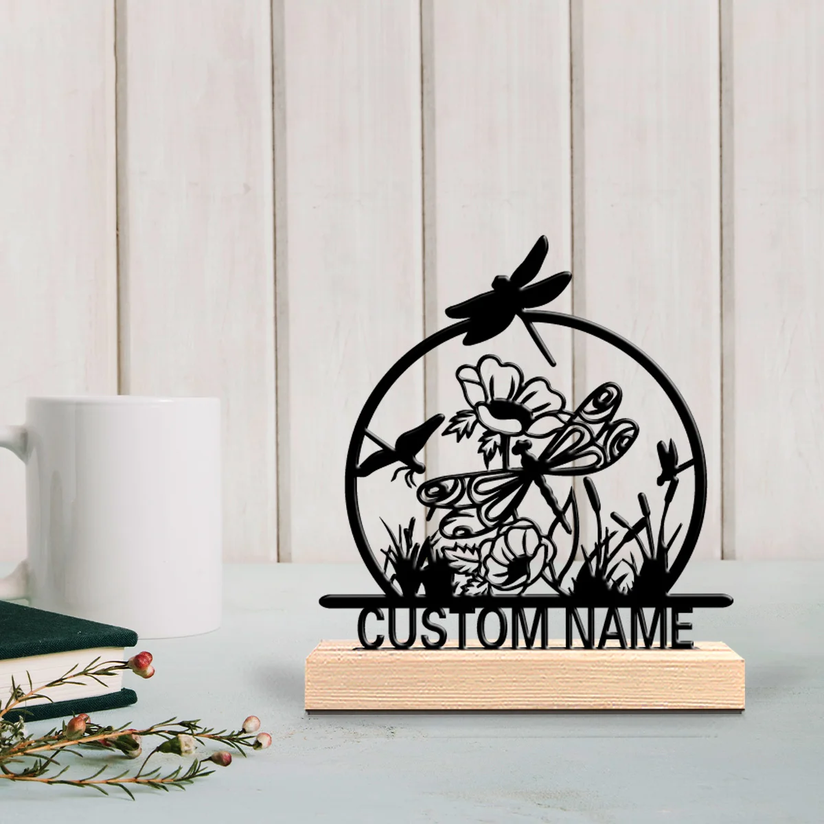 1pc Cute Personalized Custom Dragonfly Metal Statues Wooden Base Bar Decor for Kitchen, Dining Room, Modern Rustic Themes