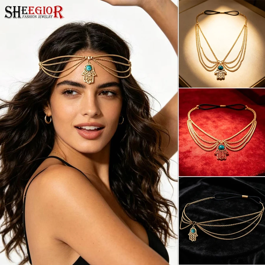 Lucky Wishes Fatima Hand Forehead Decorative Accessories Hairbands Layered Tassels Headbands Hair Chains Dance Hair Jewelry Gift