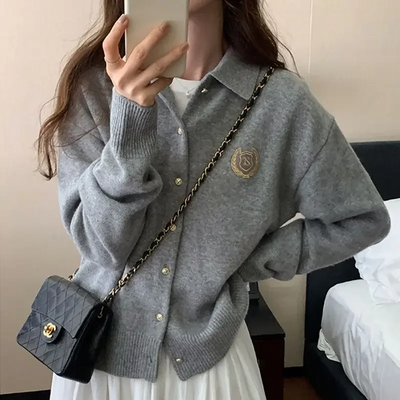 

HOUZHOU Preppy Style Sweaters Cardigan Grey Women Elegant Knitted Vintage Fashion Autumn Winter Casual Long Sleeve Cardigans