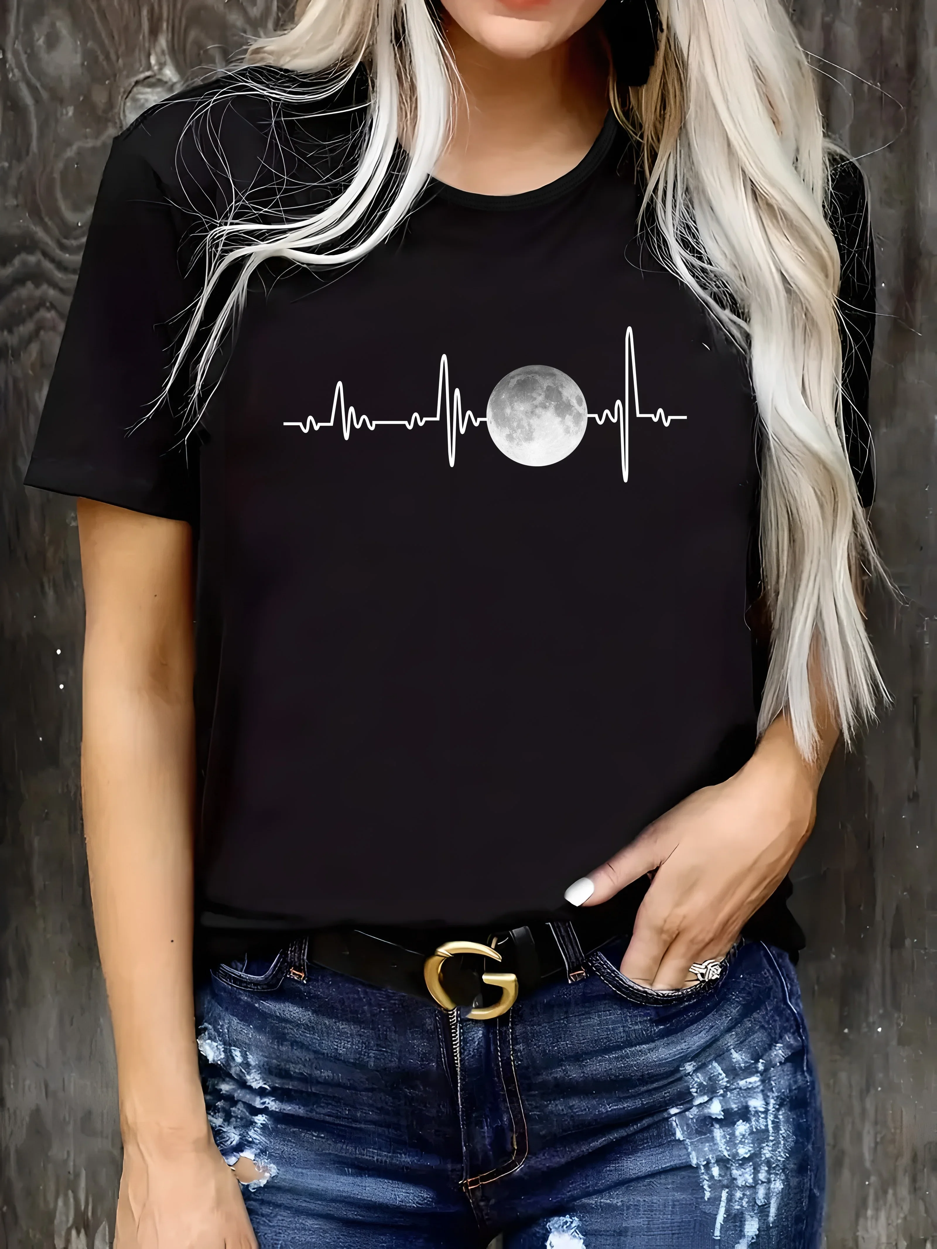 

Женская футболка с круглым вырезом с лунным принтом — повседневная футболка с коротким рукавом на весну и лето, лето, уличная одежда в стиле Харадзюку с короткими рукавами