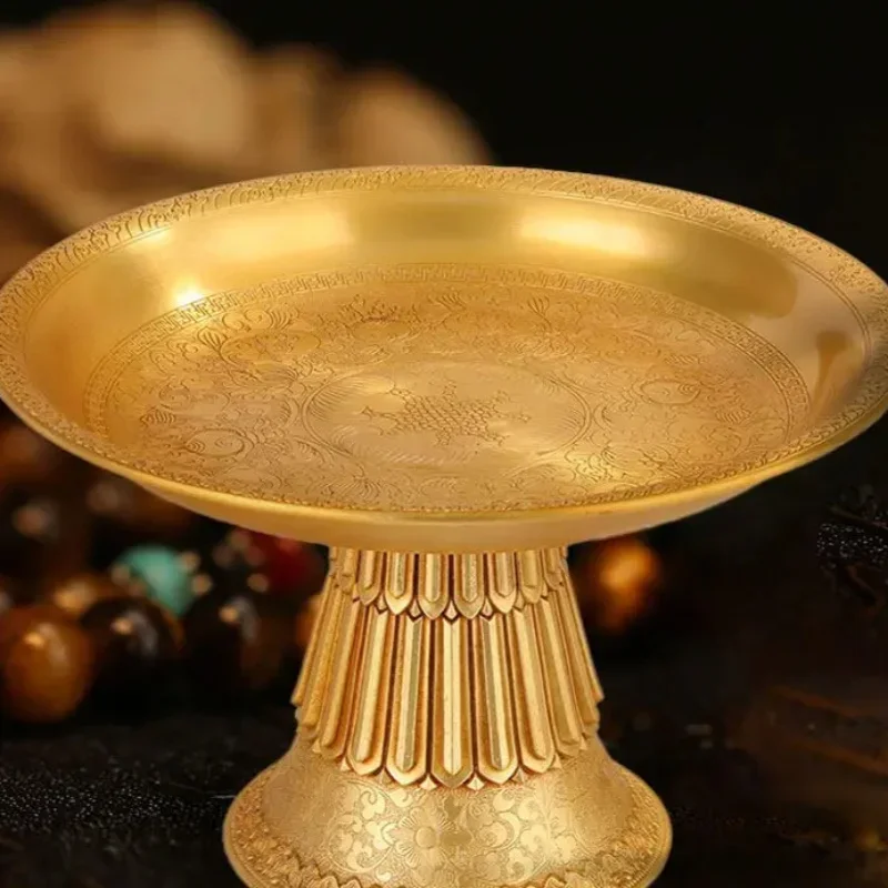 Tibetan Brass Offering Plate Mandala Bowl with Auspicious Symbols Buddhist Puja Tray for Fruit Altar Home Temple Decorative Dish