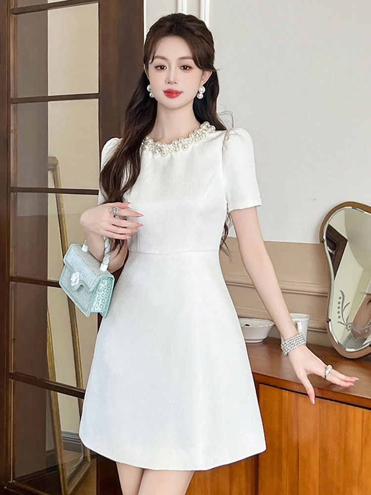 New Summer Fashion Solid A-Line Short Dress Women Clothes Elegant Luxury Pearl O-Neck Slim Mini Party Birthday Vestidos Fiesta