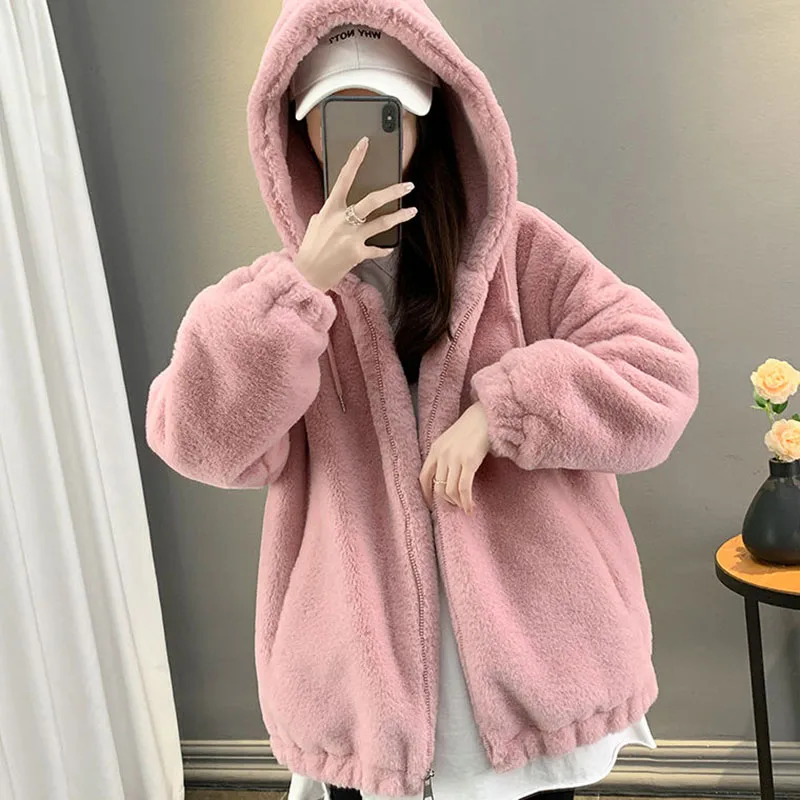 Lucyever Women's Pink Faux Fur Hooded Jackets Loose Thick Warm Imitation Rabbit Fur Outwear Autumn Winter Mid-Length Plush Coat