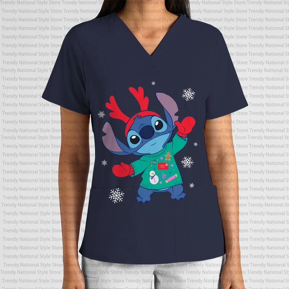 ديزني عيد الميلاد غرزة مطبوعة ثوب جراحي موحدة ممرضة صالون تجميل الرعاية الطبية ثوب جراحي المرأة تي شيرت