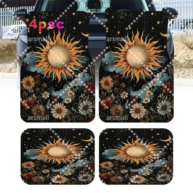2pcs/4pcs Bohemian-Style Sun, Moon, And Floral Print Car Floor Mats - Durable Floor Mats That Are Both Safe And Practical, Makin