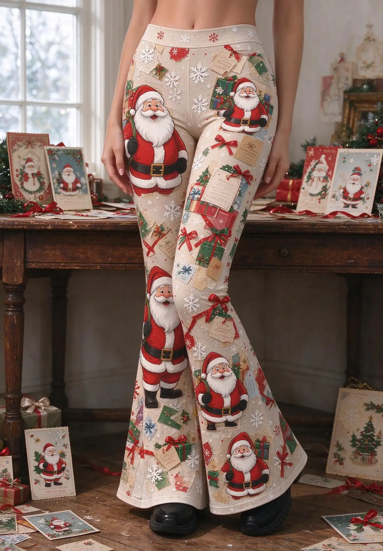 Women Mid Waist Skinny Flare Pants Vintage Santa Gift Snowflake Print Stretch Bell Bottom Trousers