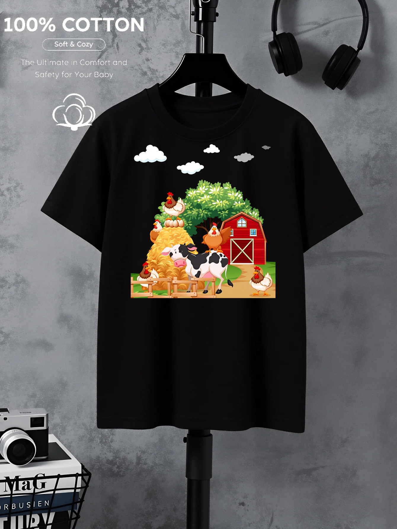 Farm Animals, Barn Trees, Machine Washable Outdoor Activity Tops, Comfortable and Fun Printed Parent-child T-shirts