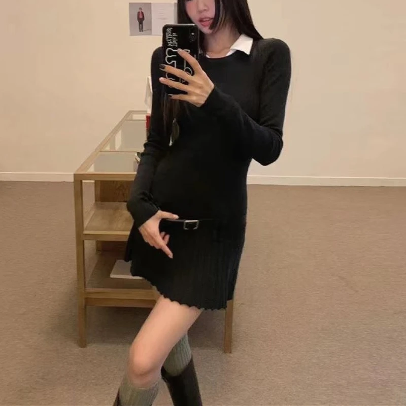 

Pleated Dress Women Knee Length Dresses Turn Down Collar Long Sleeve Pullover Vestidos Patchwork Loose Folds Y2k Streetwear 2025