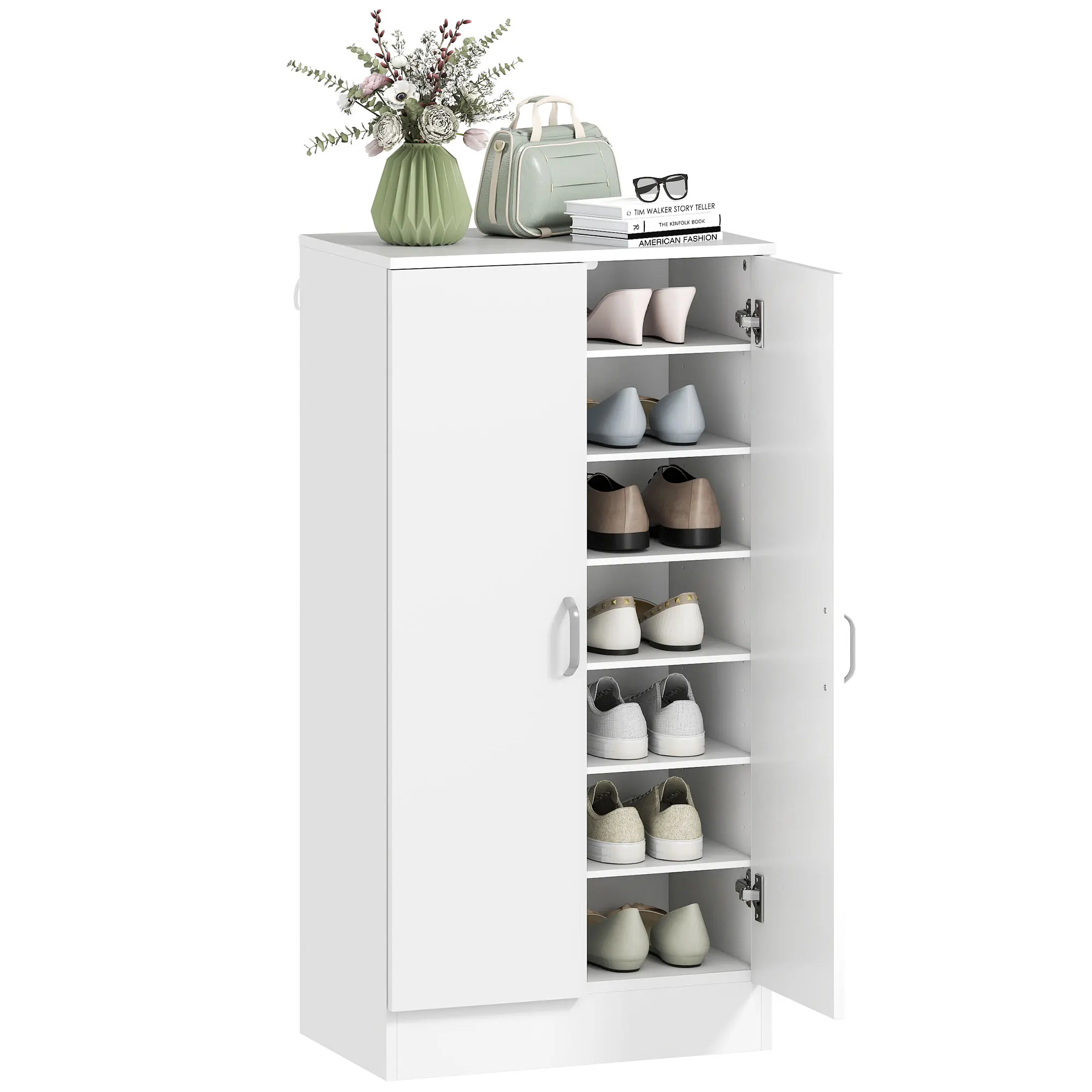 HOMCOM Zapatero Entrada Recibidor con 2 Puertas 6 Estantes Ajustables para 14 Pares de Zapatos 55x35x108 cm Blanco