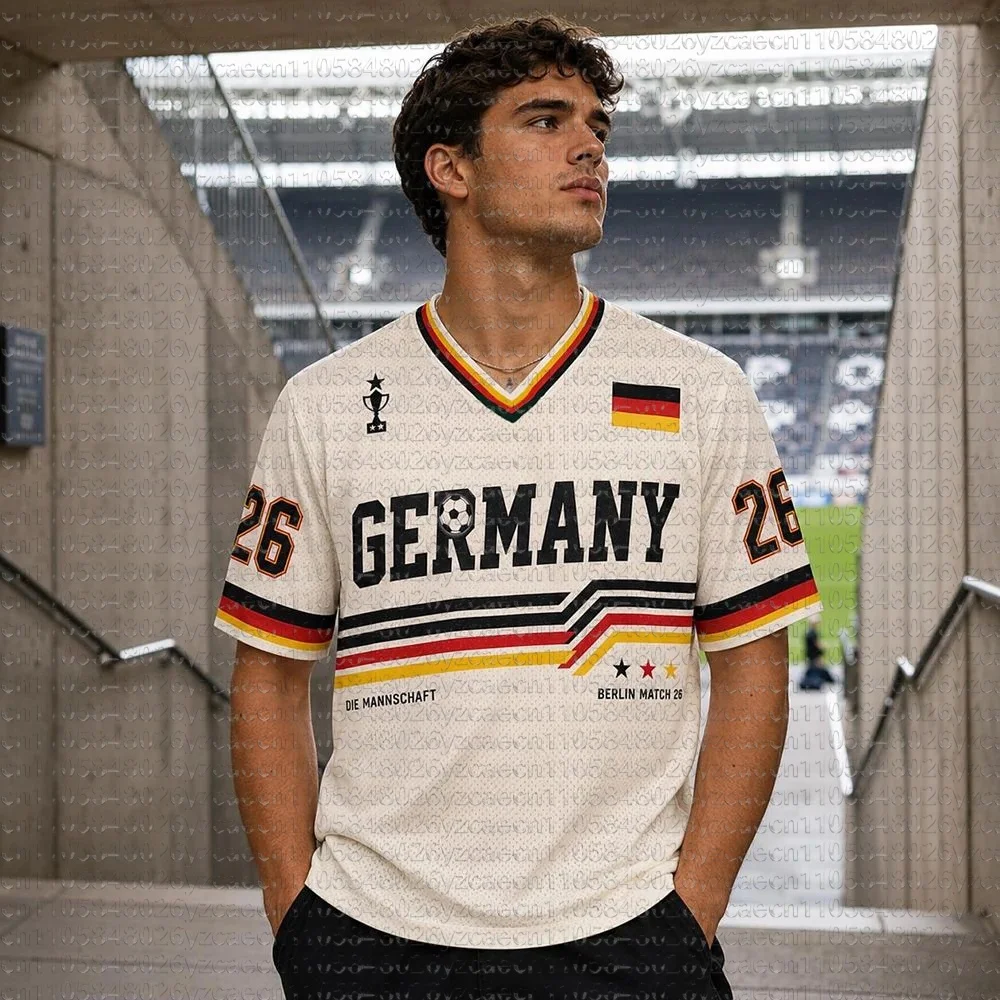 2026 Summer Germany#26  Soccer Retro Football Jersey V-neck Soccer Shirt Men's Oversize Casual Sports Tee for Fans Kids Adults