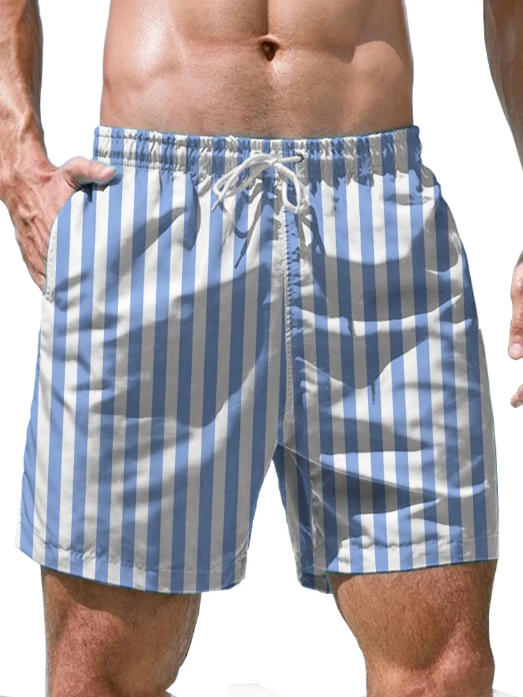 Blue and White Striped 3D Digital Printed Beach Pants Summer Beach Surfing Quick Drying Men\'s Shorts Fashion Loose Casual Shorts