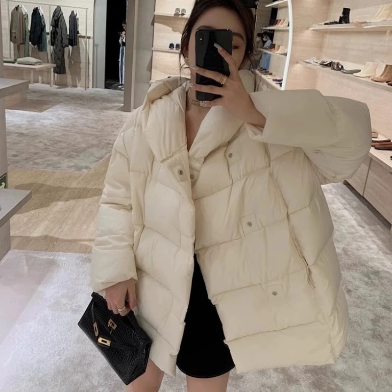 Women\'s Korean Feather Coats, Hooded Jacket Mid-length Windproof Puffer Coats Casual Simple Fashion Down Jackets Warm Outerwears