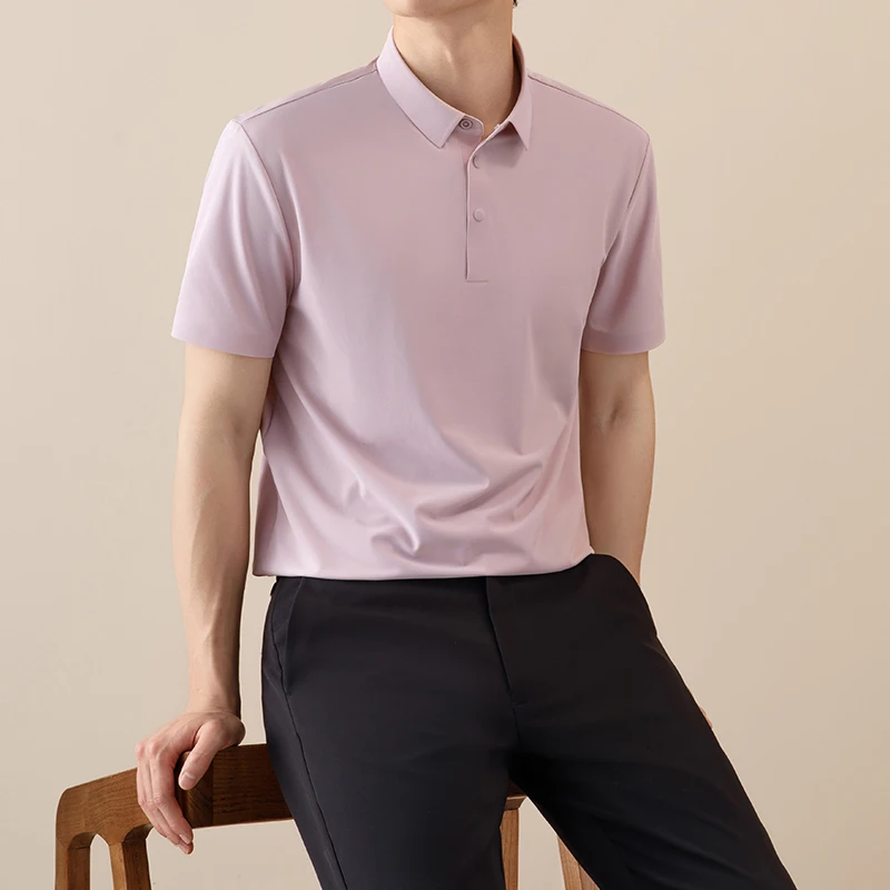 New in shirt elastic solid color short sleeve polos shirts for men slim fit formal plain shirt soft business elegants clothes