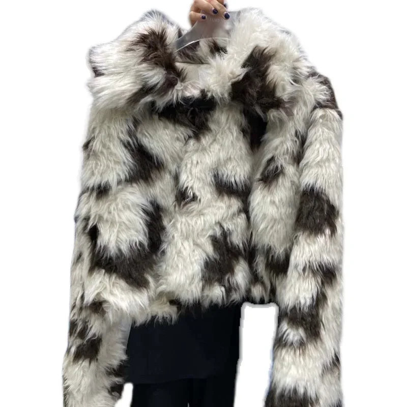 Autumn Winter Thick Hort Jackets Leopard Pattern Womens Clothing Fur Collar Lamb Wool Roll Imitation Coat Long Sleeve Short Tops