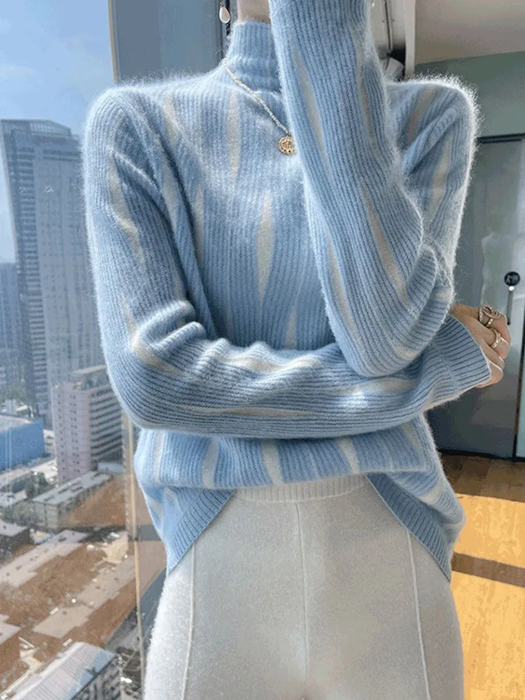 Color Blocking Fashion Half High Collar Knitted Sweater Women's Casual Baggy Jumpers Top Long Sleeved Warm Soft Knitwear Sueter