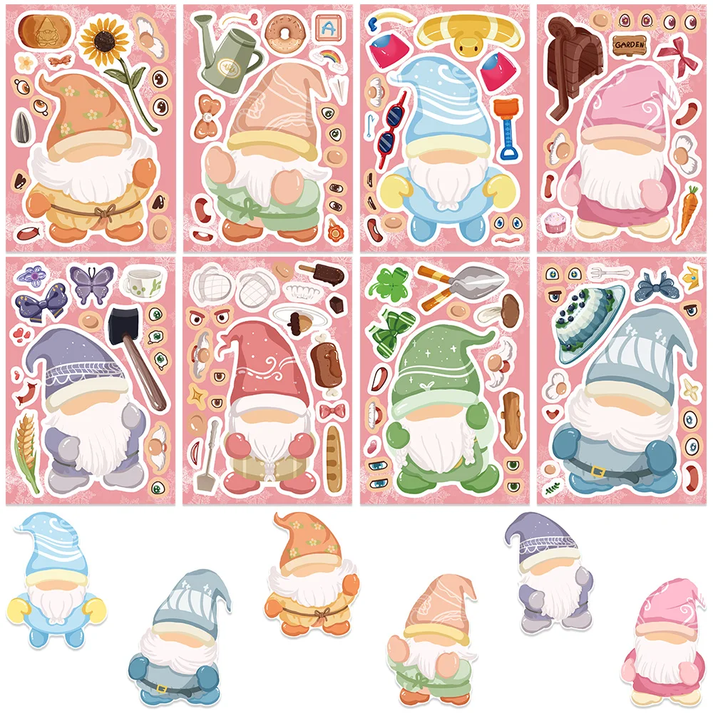 8/16/32Sheets Cartoon Cute Dwarf DIY Puzzle Stickers For Phone Dress Up Game Face Funny Assemble Stickers Kids Toy Gifts