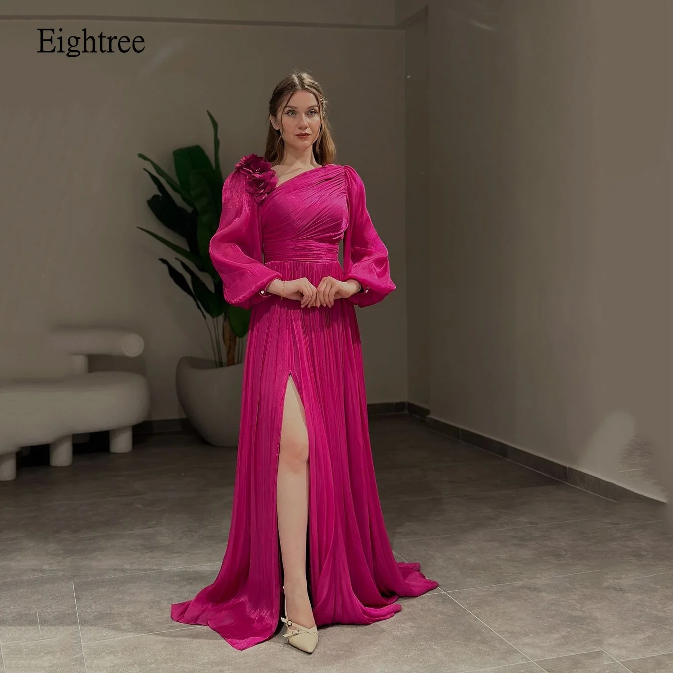 

Eightree Elegant A-line Prom Gowns Long Sleeves With Flowers Formal Party Gown Side Split Evening Dress vestidos de fiesta