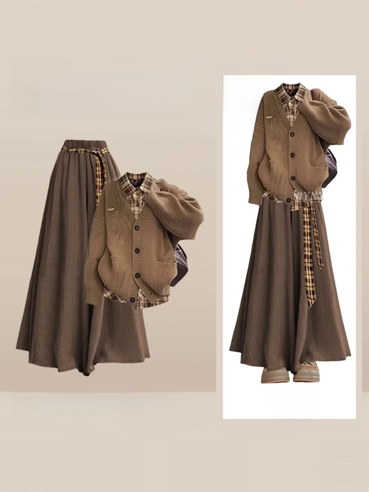 Inverno camisola de malha xadrez irt preguiçoso cinto casual saia calças t peça conjunto feminino faion conjunto faculdade sle