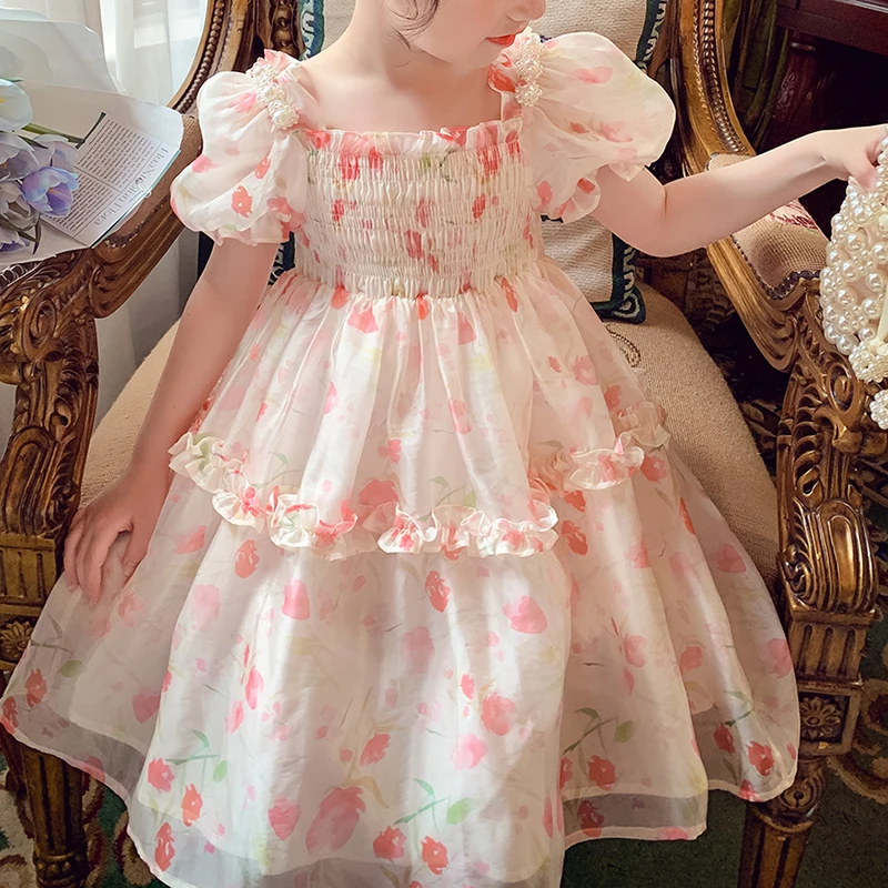 

New pink floral fluffy dress for girls 2024 summer short sleeved gauze dress sweet and cute fashion party dress