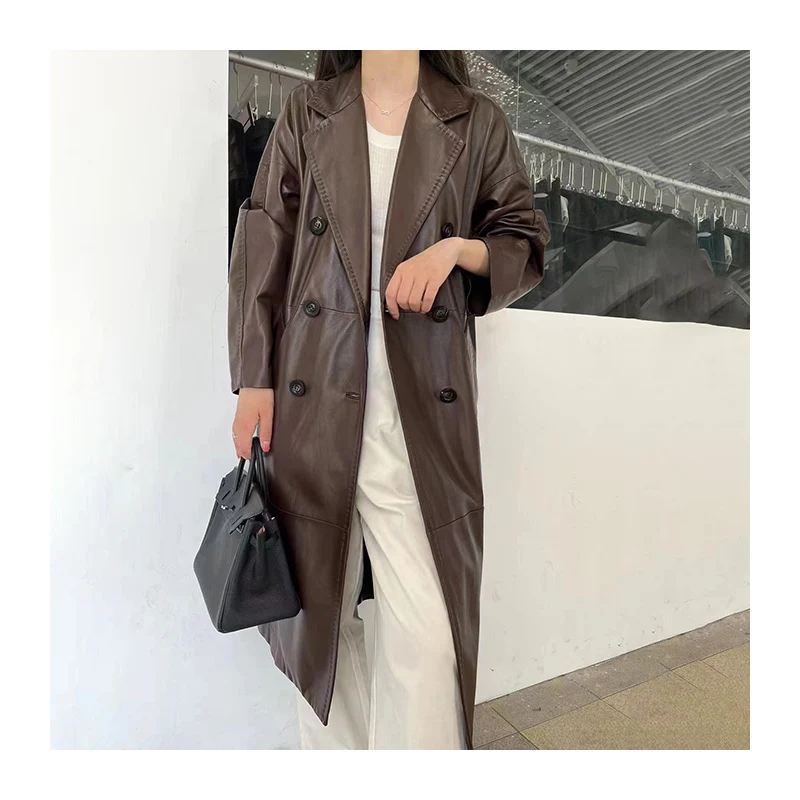 

Factory Price Long Sleeves Double Breasted Long Black Real Sheep Leather Trench Coat for Women