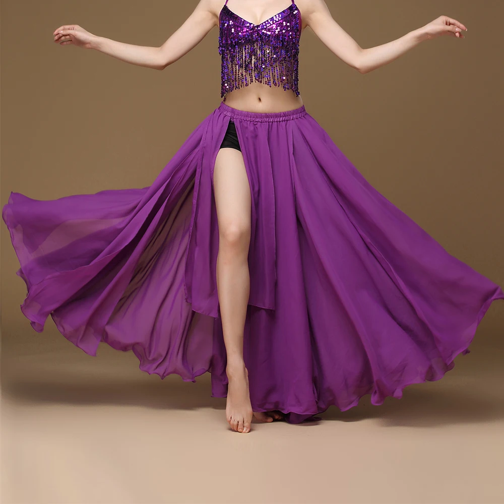 

Шифоновая юбка для танца живота на 360 градусов, 8 цветов, юбка для танца живота, женская юбка из нескольких предметов с разрезом для танцев, танцевальные юбки с разрезом