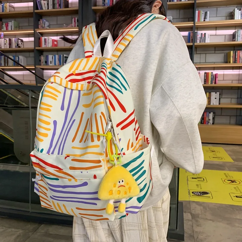 حقيبة مدرسية للطالبات الجامعيات في المدرسة الثانوية في الحرم الجامعي، حقيبة كتف مخططة بألوان قوس قزح #3