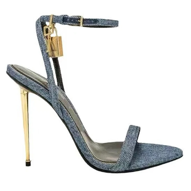 Buckle Strap Solid Color Key Lock Decoration Women Sandals Fashion Show Pointed Toe Ladies Shoes Golden Stiletto Sandals Women - view 5
