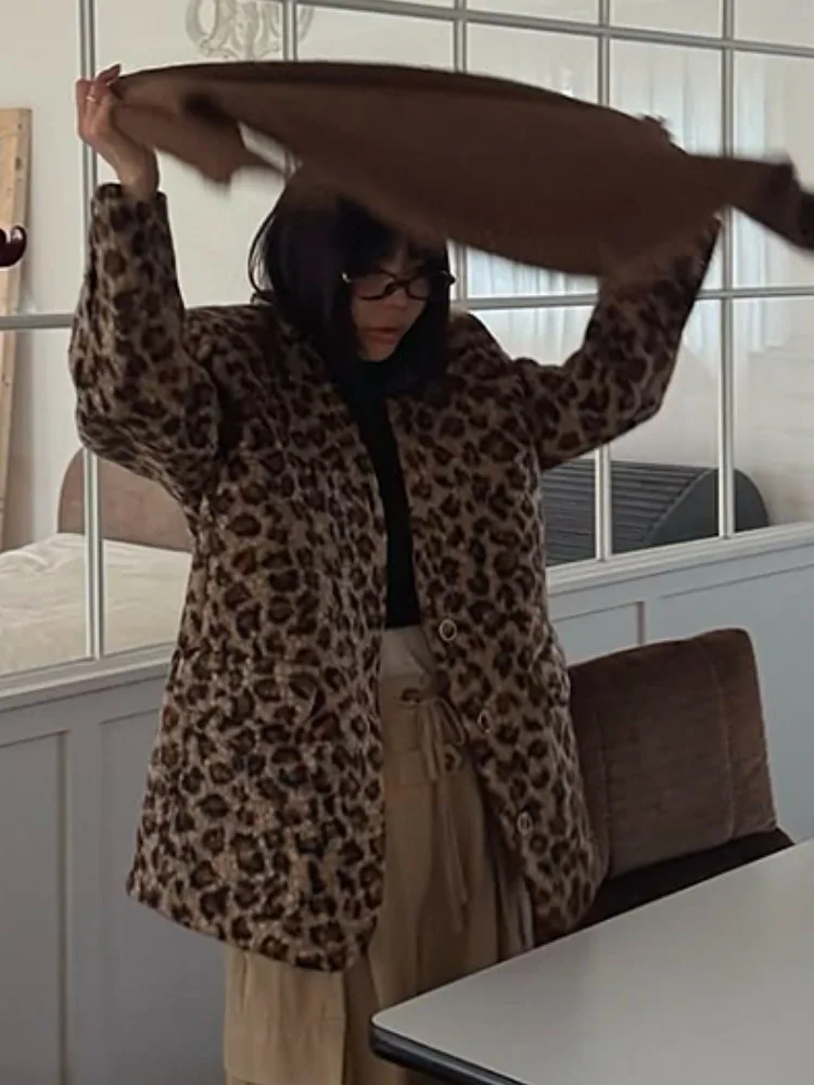 ريترو Sli V-Ne ليوبارد طباعة فرو الضأن القطن Jaet ort ملابس خارجية المرأة شتاء جديد مزدوج كيت سترة مفتوحة #2