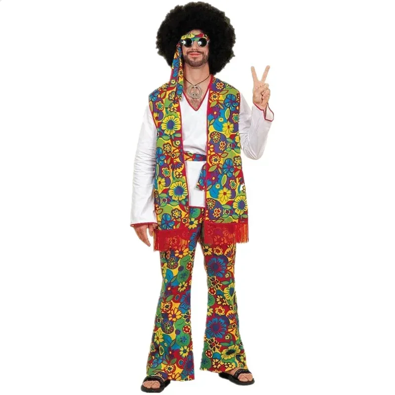 Adult Man Retro 60s 70s Hippie Costume Carnival Party Bar Nightclub Disco Hippie Cosplay Fancy Dress