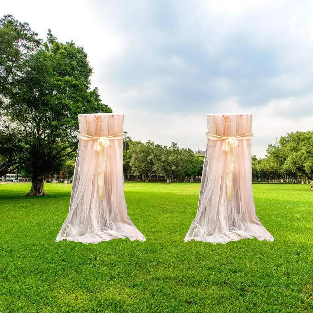 

2Pcs Tulle Chair Cover Long Bow Ties Soft Mesh Chair Skirt Slipcovers for Wedding Baby Shower Party Decoration Khaki