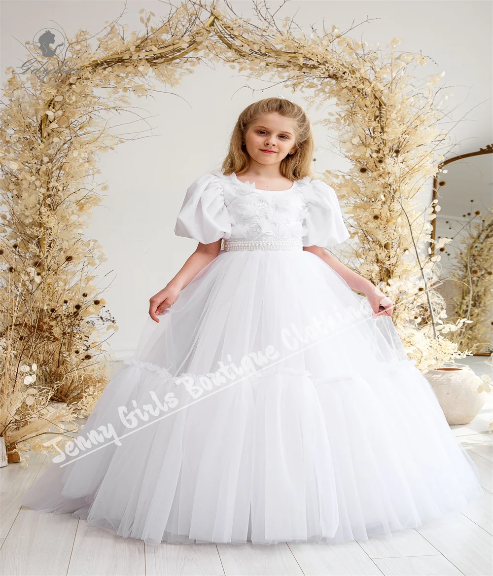 White Fluffy Bubble Short-Sleeve Children's Dress with Pearl Belt For Birthday Communion Bridal Shower Wedding Photography
