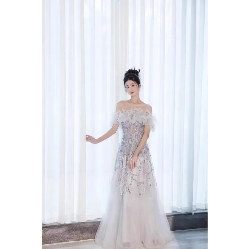 فساتين سهرة نسائية مكشوفة الكتفين ريش باتو مطرز للحفلات مناسبة رسمية طويلة فستان تول أنيق لحفلات الزفاف