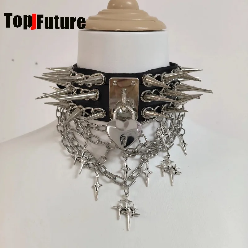 Gothic Dark Punk Y2K Girl Subculture Heavy Metal Craft Rivet Spikes Leather Necklace With Heart Lock Chain Alternative Choker