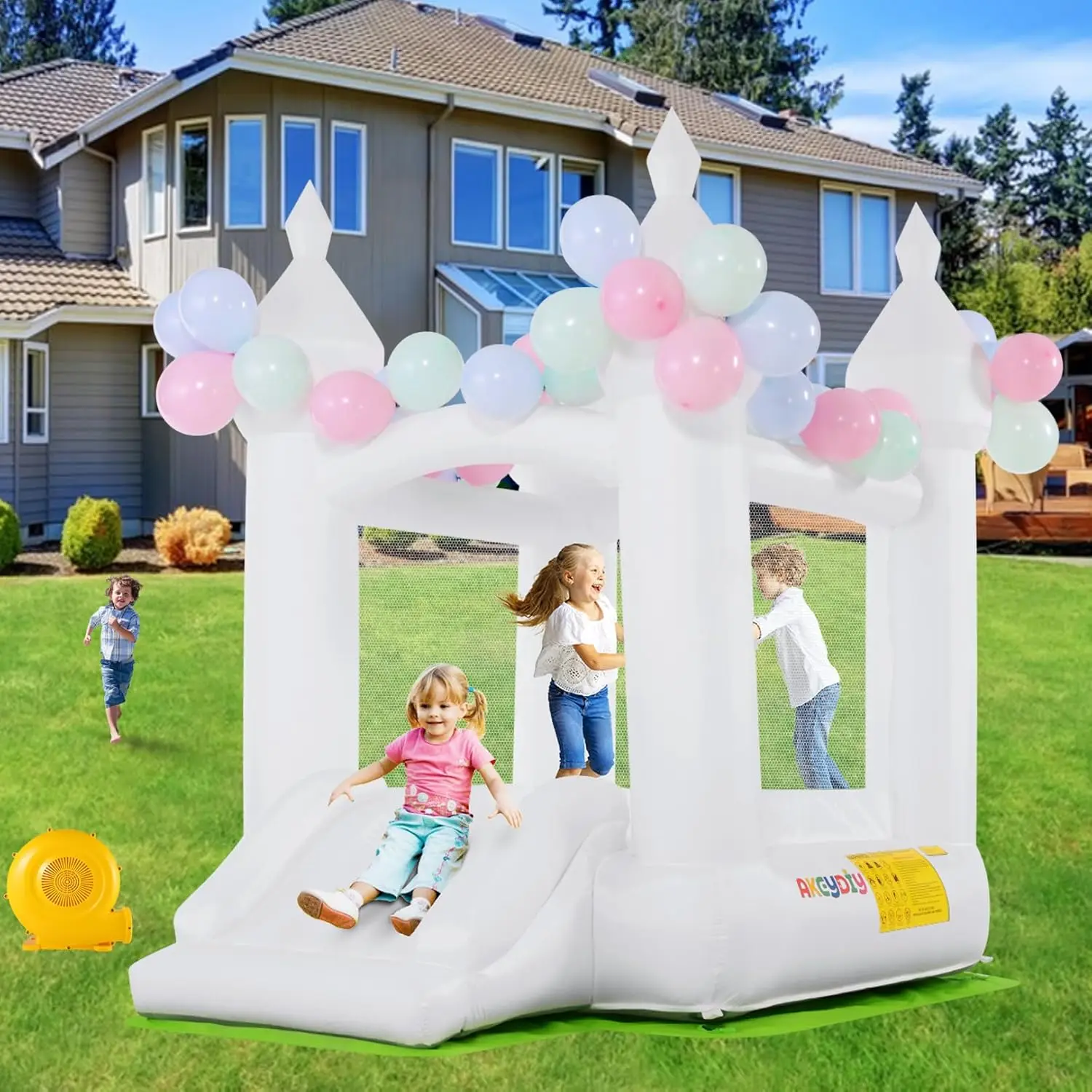 

Kids Inflatable Bouncy Castle with Slide - White Outdoor/Indoor Bounce House for Ages 3-8, Includes 108 Air Balloon, Blower, Carrying Bag, Ground Cloth & Patches, 102" x 70" x 97"