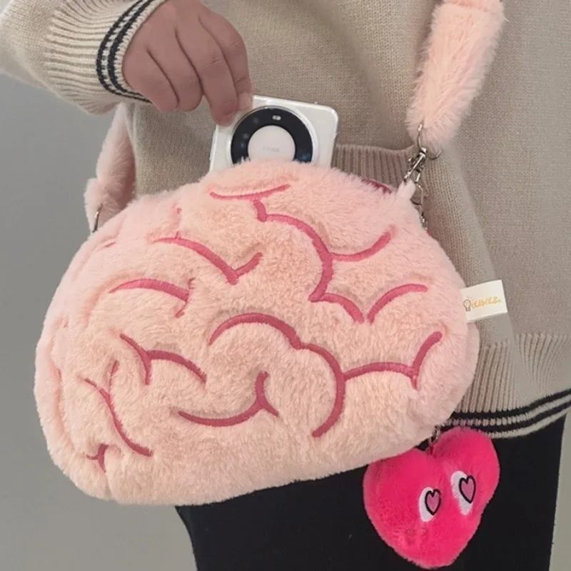 Y2K Cute Pink Love Brain Plush Shoulder Bags Funny Crossbody Bags Fashion Design Purse Cool Interesting Moving Ears Handbags Set