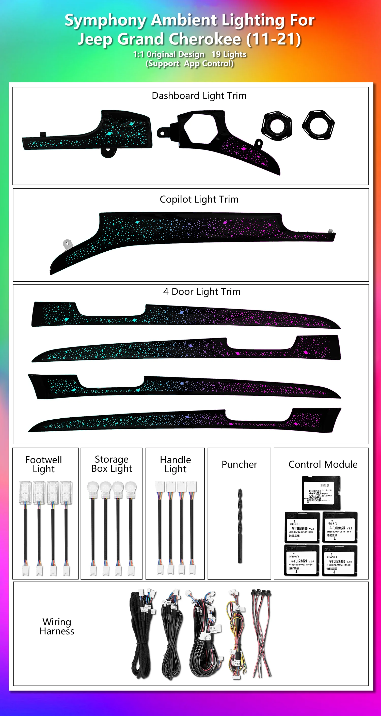 ICarsin for Jeep Grand Cherokee 2011-2021 Ambient Light Colorful Galaxy Style Trim Panel Car Interior LED Symphony Upgrade Kit