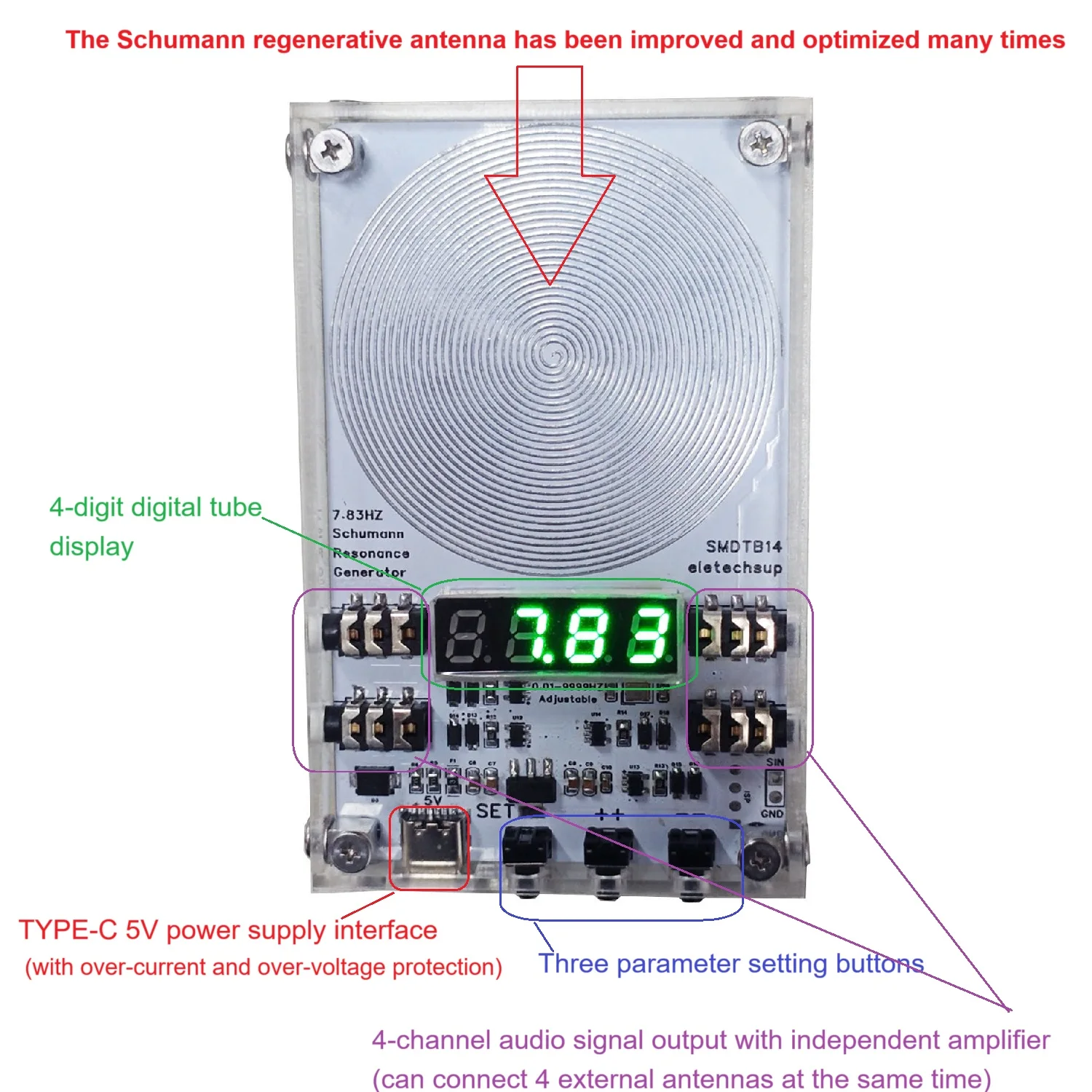 4CH High Precision Pure Sine Wave Signal Generator 783Hz Schumann Resonance External Antenna