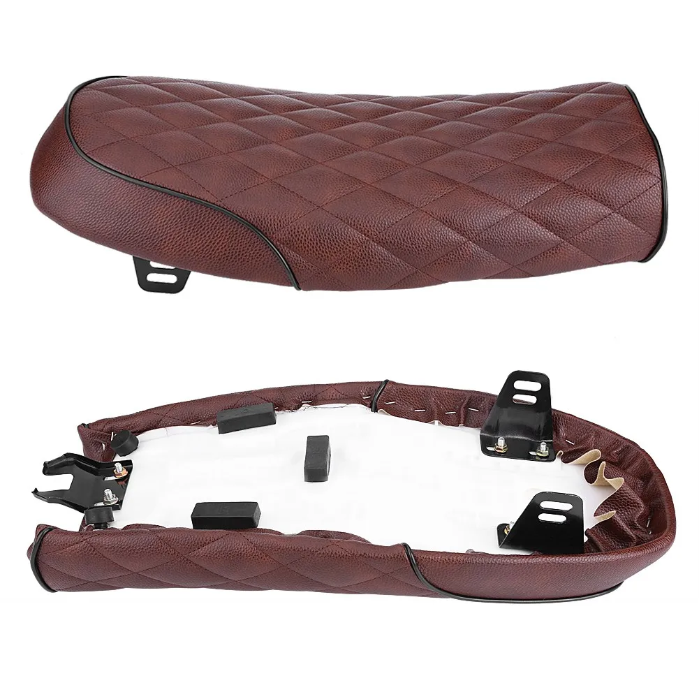 Motorcycle PU Leather Vintage Cafe Racer Seat Flat Saddle Cushion For Honda CG125 GN CG Brown