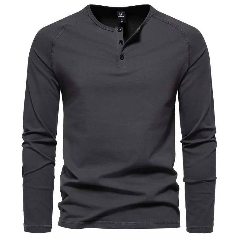 Fashion Autumn New Men's Henry Neck Long Sleeve T-Shirt Casual Solid Color Bottom Shirt